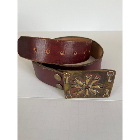 Vtg 1973 Handmade In Tlaquepaque Mexico Metal Belt Buckle & Leather Belt 42 - Picture 1 of 7